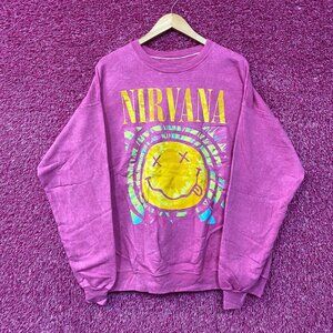 Nirvana Nevermind Grunge Band Mineral Wash Crewneck Pink Sweater Size XL
